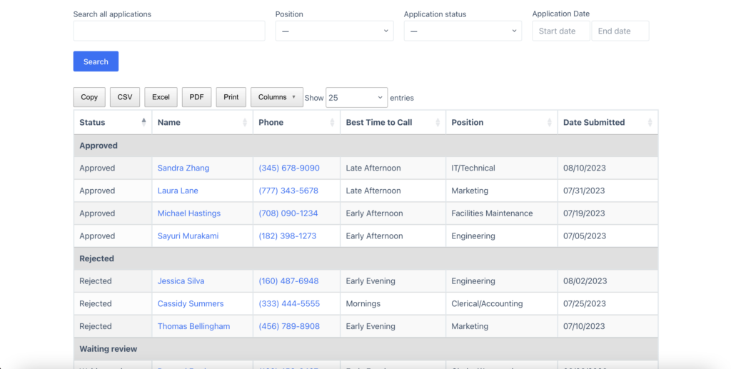 a table of employment applications, grouped by status