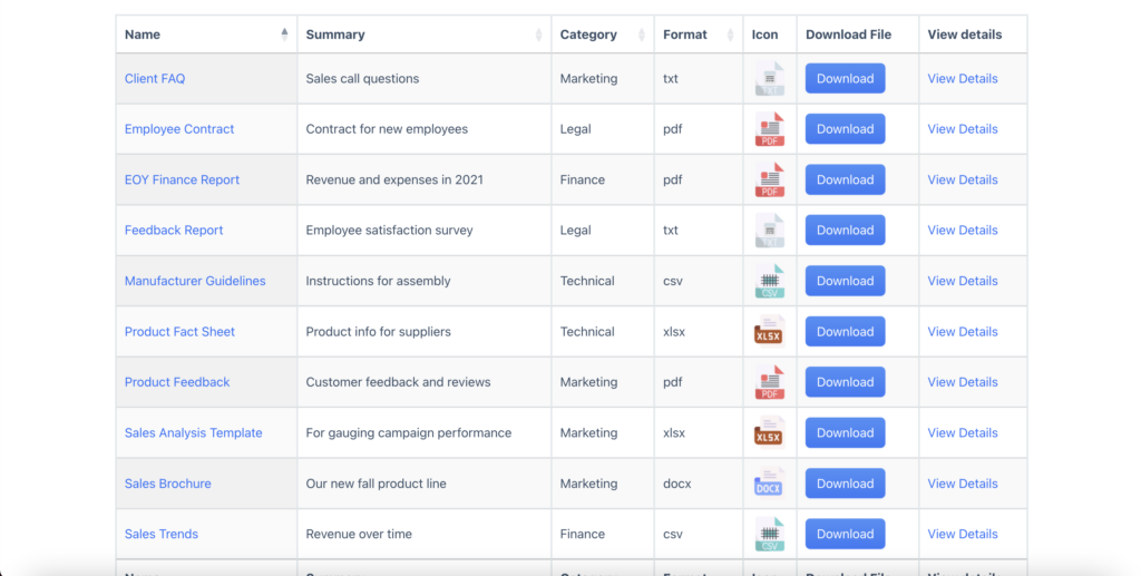 A table of documents hat are categorized and tagged for easy searching.