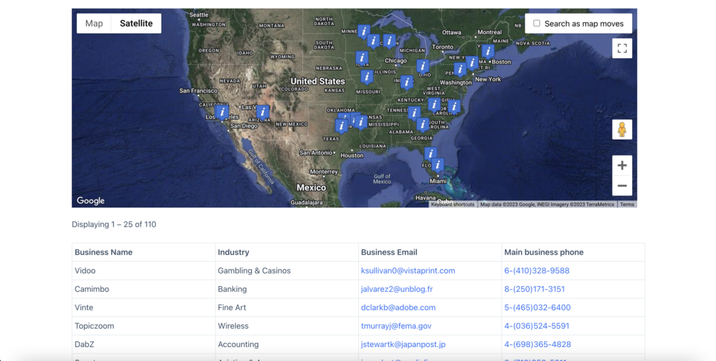 A business directory consisting of a map above with markers and a table below with data